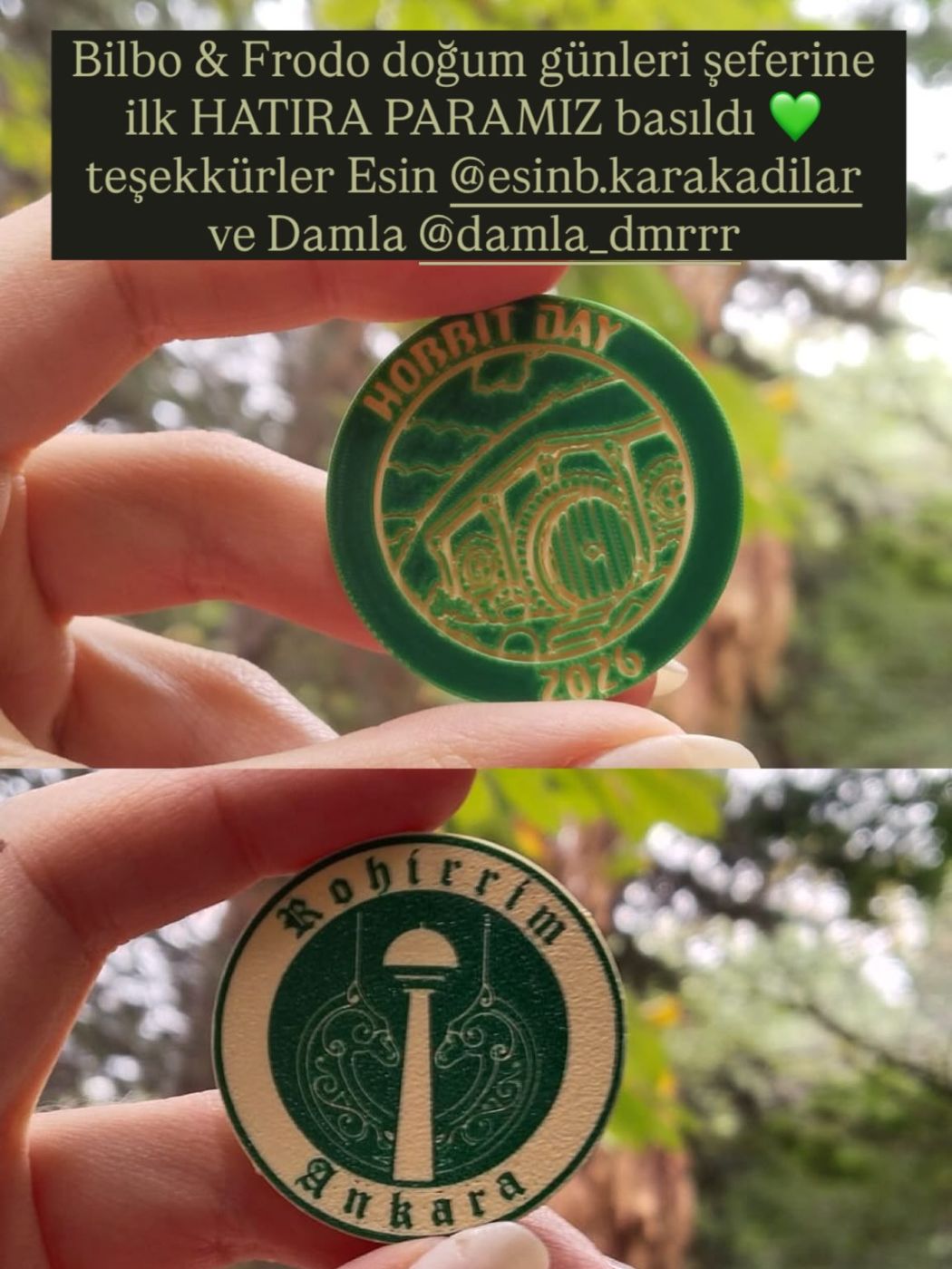 Hobbit Günü için basılan yeşil renkli iki hatıra parası; üstte teşekkür yazısı bulunuyor.