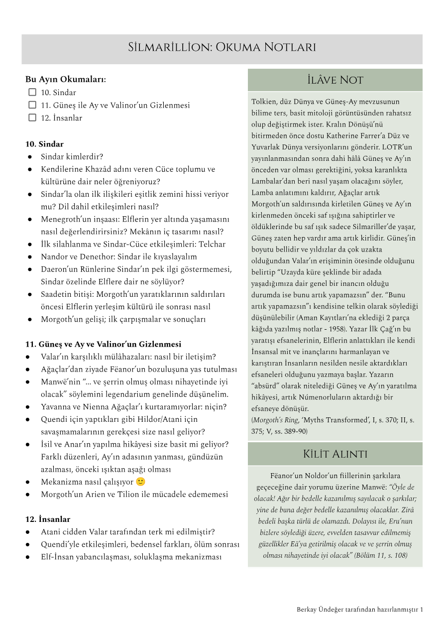 Quenta Silmarillion 10, 11 & 12 Notları — PDF'nin ilk sayfa önizlemesi
