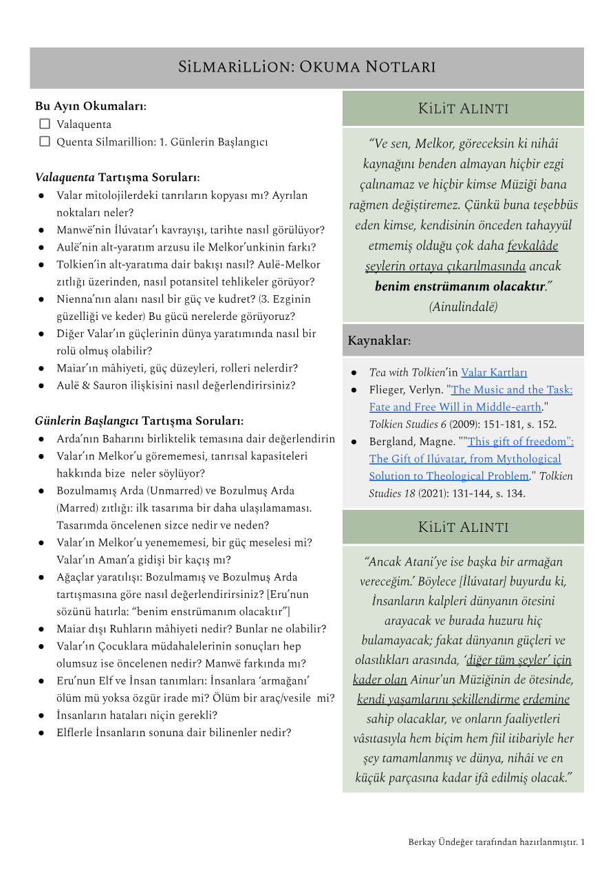Valaquenta & Quenta Silmarillion 1 Notları — PDF'nin ilk sayfa önizlemesi